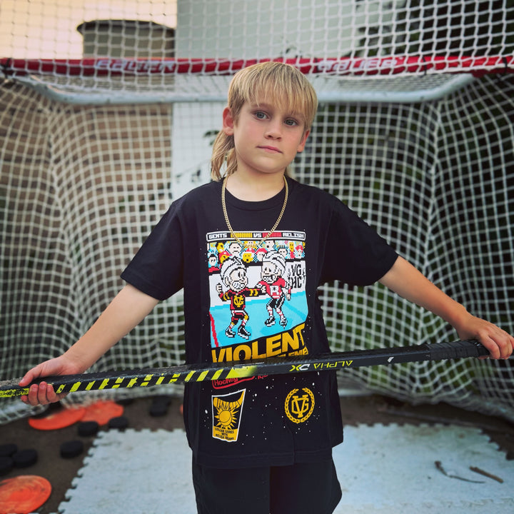 Hockey 8-Bit Kids Tee - - Kid's T-Shirts - Violent Gentlemen Hockey Lifestyle | Built by Fans for Fans | Perfect Gift for hockey fan or hockey players that live in the hockey culture